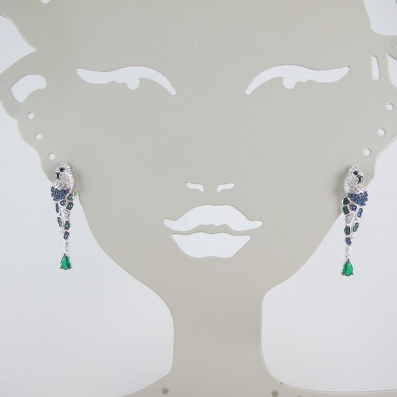 Sterling CZ Cockatoo Parrot Earrings with Green Spinel - Picture 3 of 10